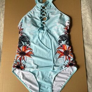 Women’s Light Blue Floral One-Piece Swimsuit with Lace-Up Front